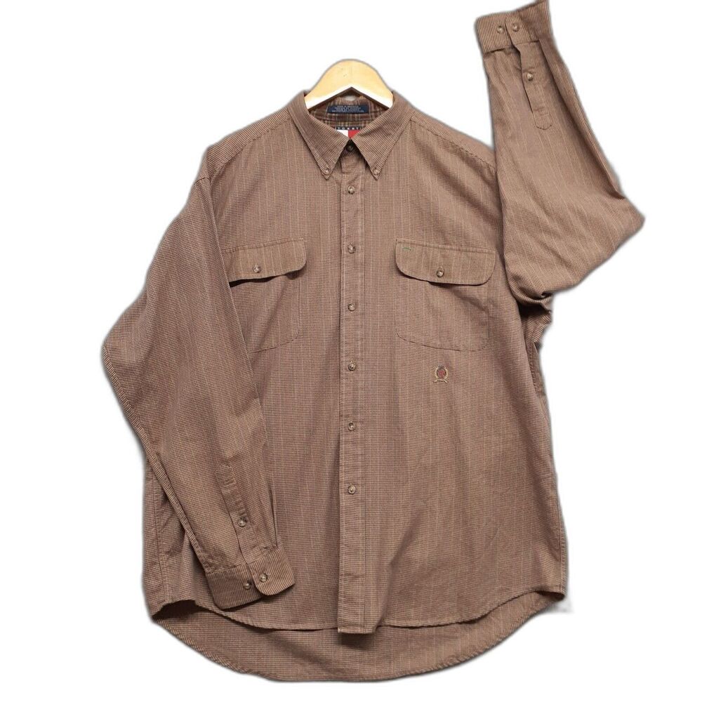 Tommy Hilfiger Mens Sz XL  Brown Long Sleeve Button Down Houndstooth Shirt Logo